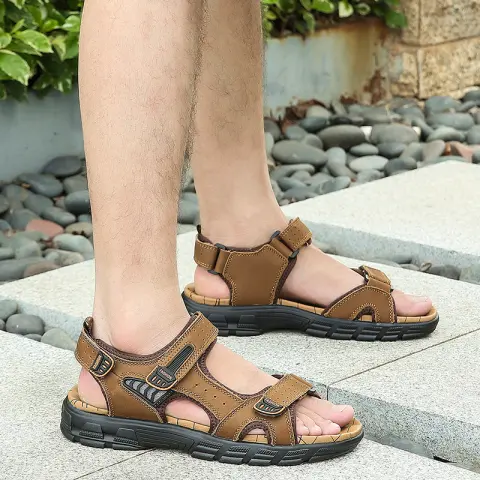 Men's Platform Open Toe First Layer Cowhide Beach Soft