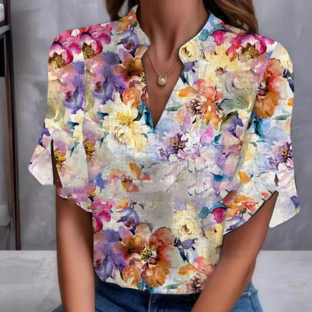 Women's Digital Printed V-neck Half Sleeve Top T-shirt - Color-L