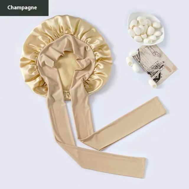 Wide brimmed Lace up Adjustable Elastic Large Silk Nightcap Champagne - Shop at LoveMi