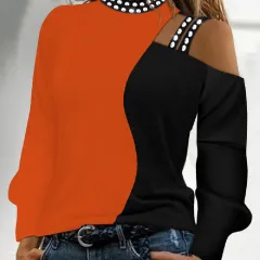 Women's Long Sleeve Loose Crew Neck Casual Bronzing T-shirt - Hbl235Ha Or-M - View 1