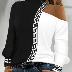 Women's Long Sleeve Loose Crew Neck Casual Bronzing T-shirt - Hbl235H Bw-Xxl - View 1