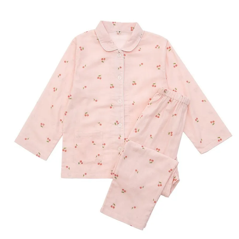Spring And Summer All Cotton Gauze Cute Cartoon Long Sleeved Pajama Set For Boys And Girls - Pink