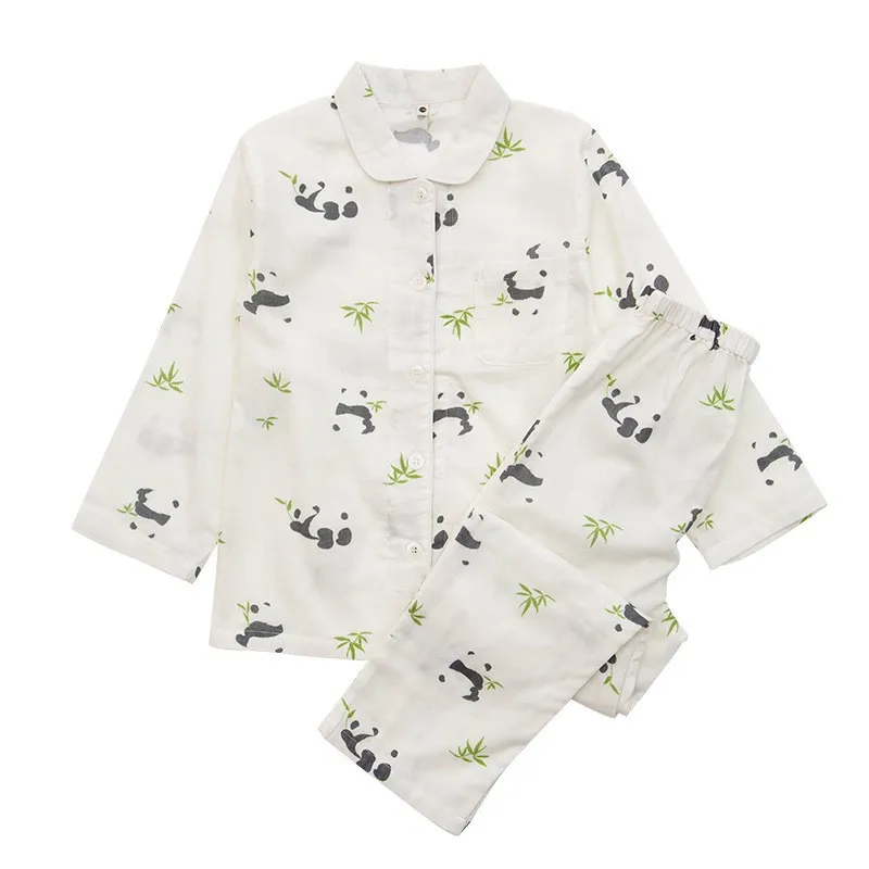 Spring And Summer All Cotton Gauze Cute Cartoon Long Sleeved Pyjama Set For Boys And Girls - White