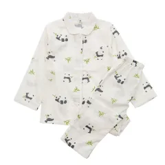Spring And Summer All Cotton Gauze Cute Cartoon Long Sleeved Pyjama Set For Boys And Girls - White - View 1