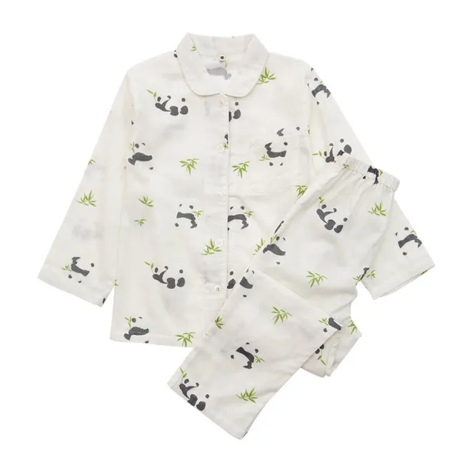 Spring And Summer All Cotton Gauze Cute Cartoon Long Sleeved Pajama Set For Boys And Girls White - Shop at LoveMi
