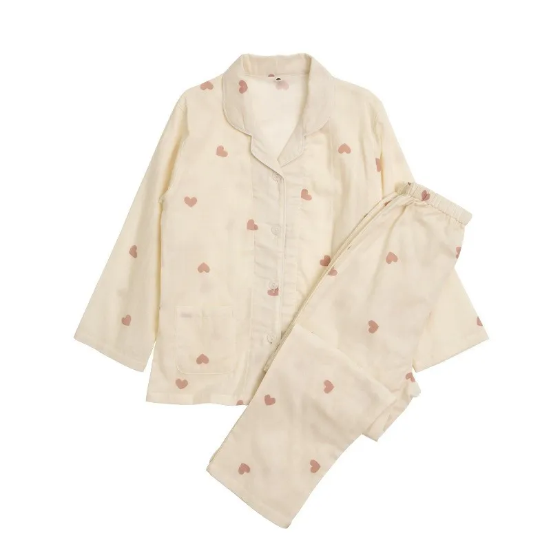 Spring And Summer All Cotton Gauze Cute Cartoon Long Sleeved Pyjama Set For Boys And Girls - Beige