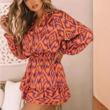 Cross-border Printed Stand Collar Long Sleeve Elastic Waist Bag Liner Dress