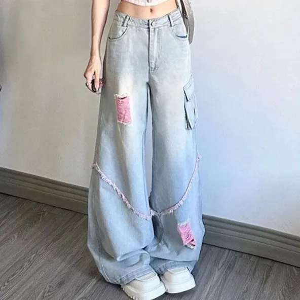 Ripped Cargo Jeans Women's High Waist Baggy Straight Trousers Blue - Shop at LoveMi
