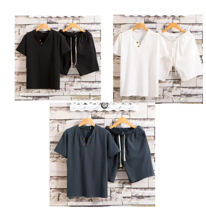 Cotton Linen Linen Solid Color Men's T-Shirt Two-Piece Set