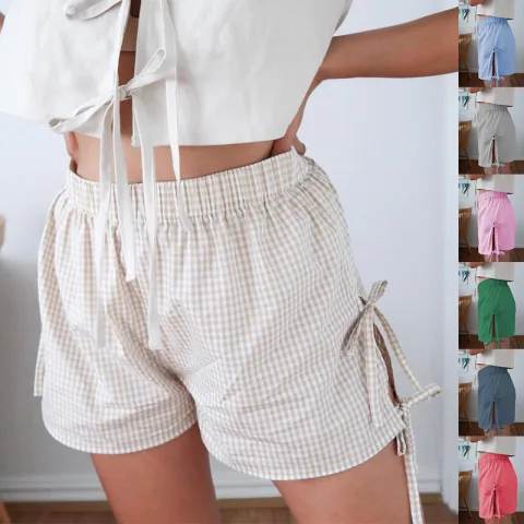 Loose Plaid Print Shorts with Lace-up Design Summer Fashion
