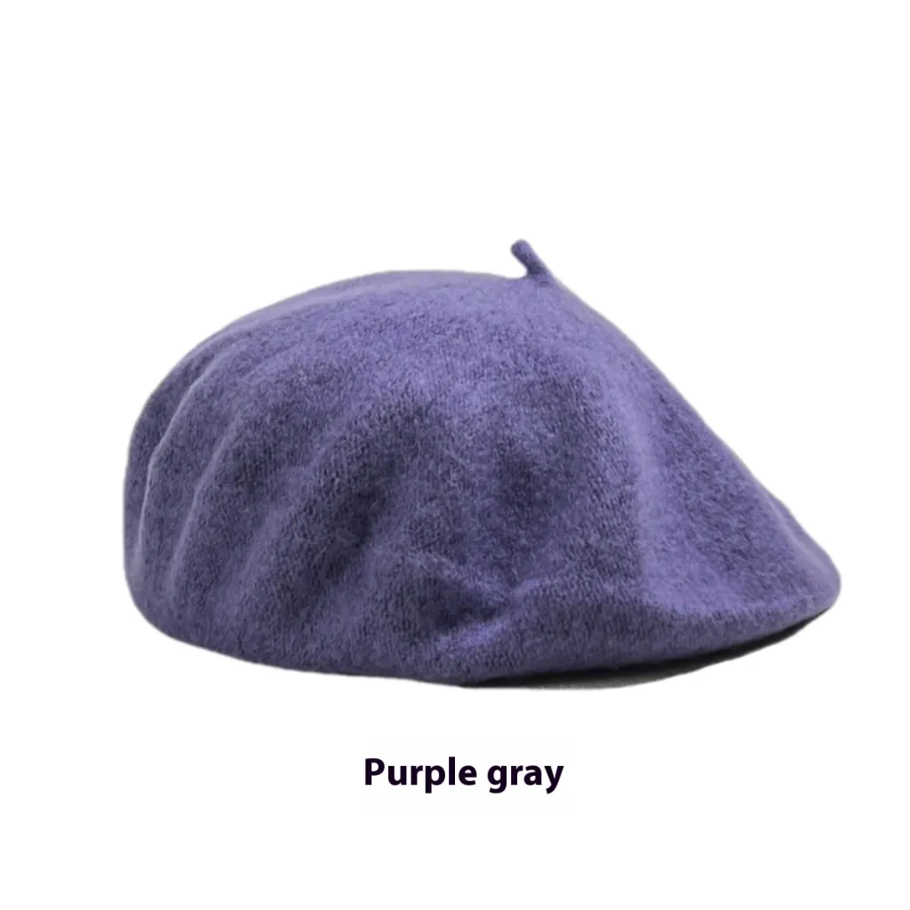Women's Wool Beret Vintage British Knitted Painter Cap Warm Hat - Purplish Gray
