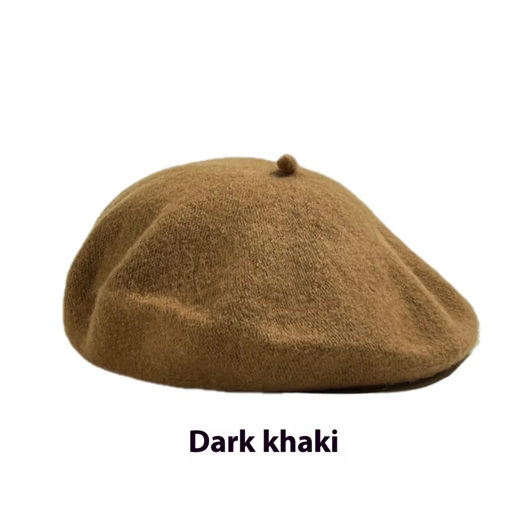 Women's Wool Beret Vintage British Knitted Painter Cap Warm Hat - Dark Khaki