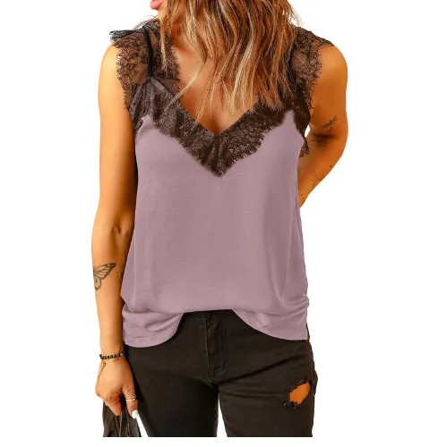 V neck Lashes Lace Sleeveless Loose Tank Top T shirt 251886 Pink - Shop at LoveMi