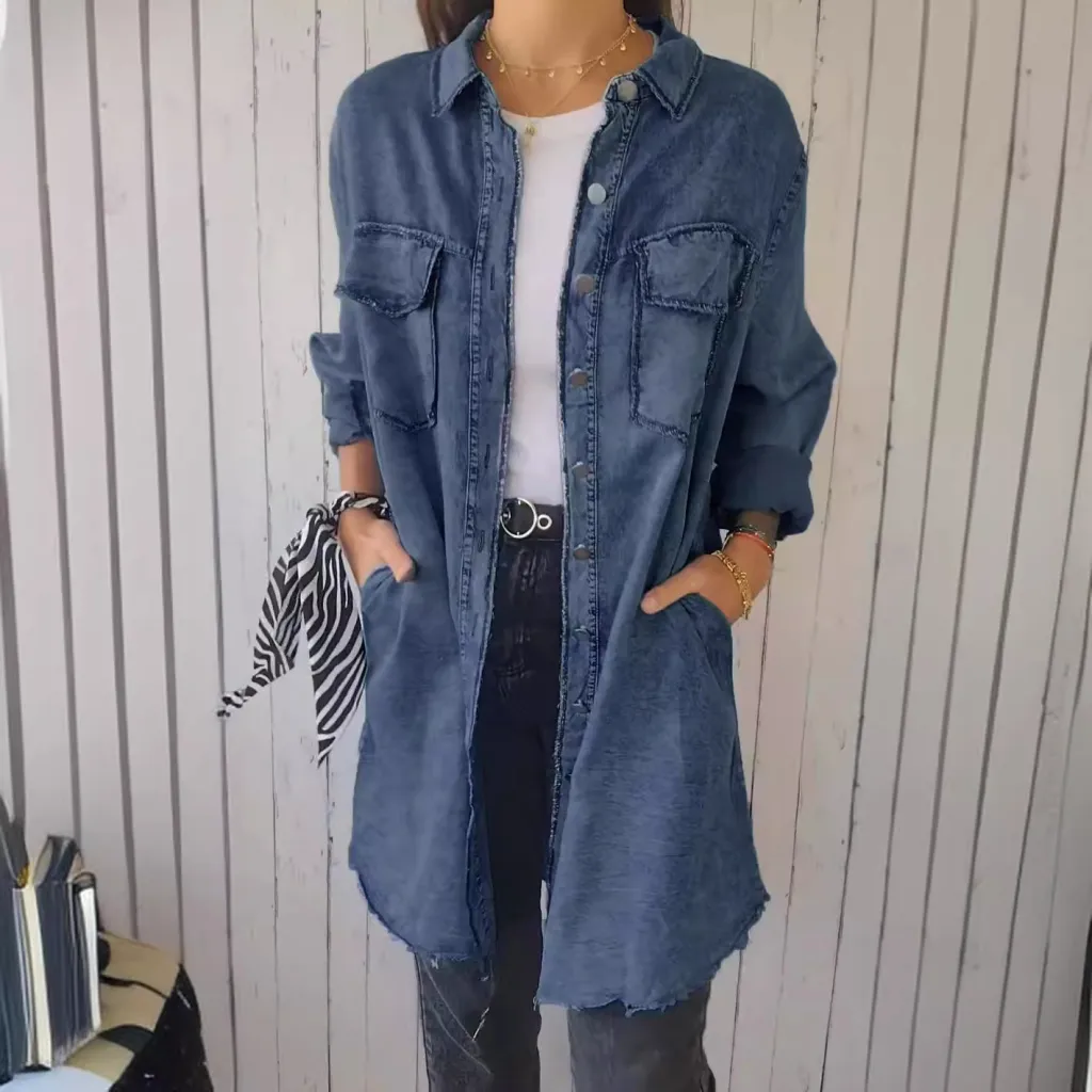 Jean-like Cloth Casual Long Shirt Coat - Dark Blue
