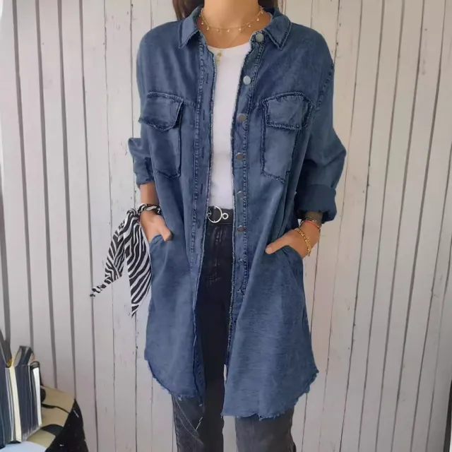 Jean like Cloth Casual Long Shirt Coat Dark Blue - Shop at LoveMi