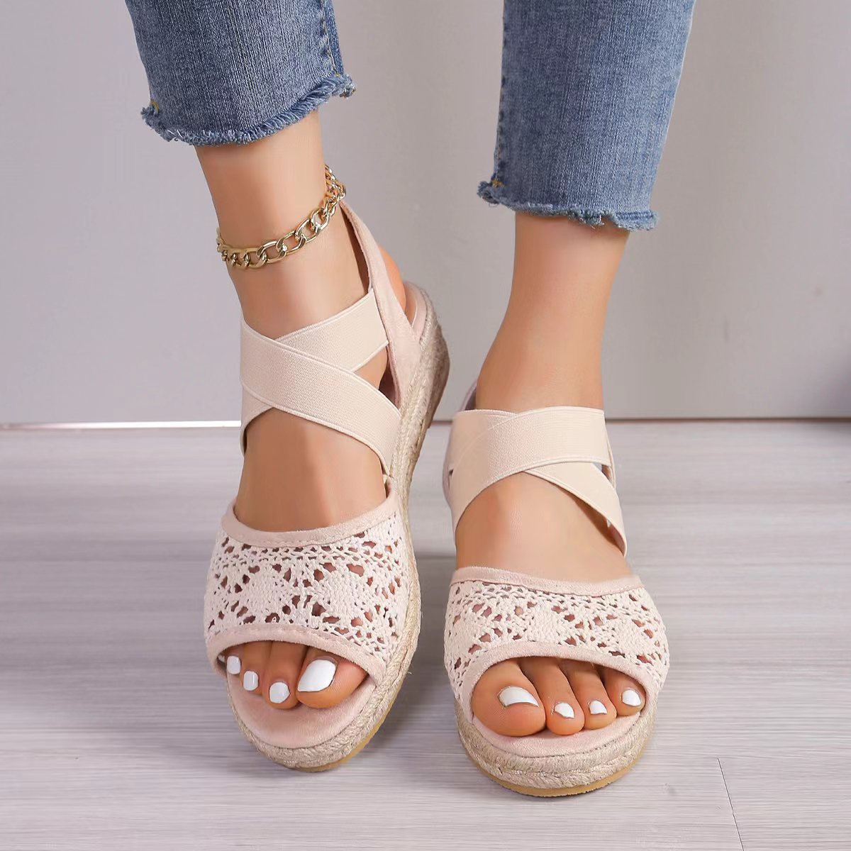 Title 4, Sandalias caladas de encaje de verano para muje...