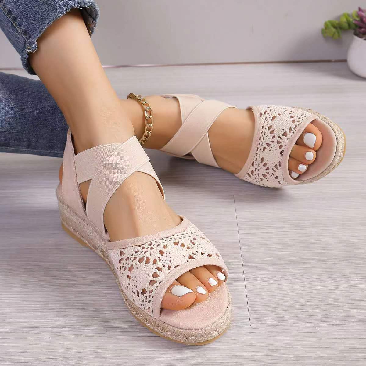 Title 5, Sandalias caladas de encaje de verano para muje...