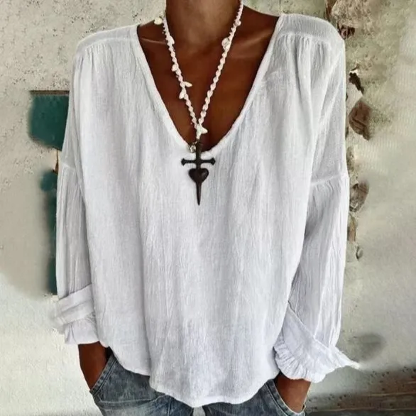 Solid Color And V neck Long sleeved Exquisite Linen T shirt Shirt Nt25Tfljppx101 - Shop at LoveMi