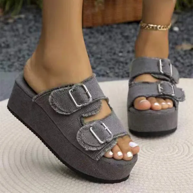 Fashion Denim Buckle Wedges Sandals Summer Outdoor High Heel Slippers Thick Bottom Camouflage Shoes For Women Grey - Shop at LoveMi