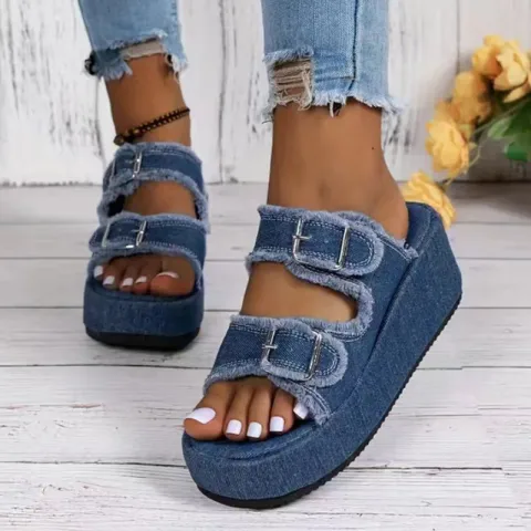 Fashion Denim Buckle Wedges Sandals Summer Outdoor High Heel