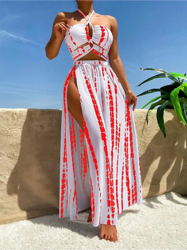 Split Bikini Swimsuit Cross Strap Sunscreen Gauze Skirt Red - Shop at LoveMi