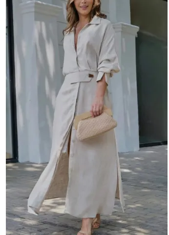 Women's Elegant Tied Solid Color Waisted Long sleeved Shirt Dress Apricot A - Shop at LoveMi