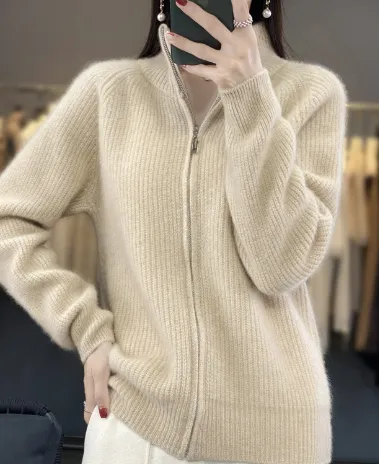 FallWinter New High Neck Wool Knit Cardigan Women Khaki - Shop at LoveMi