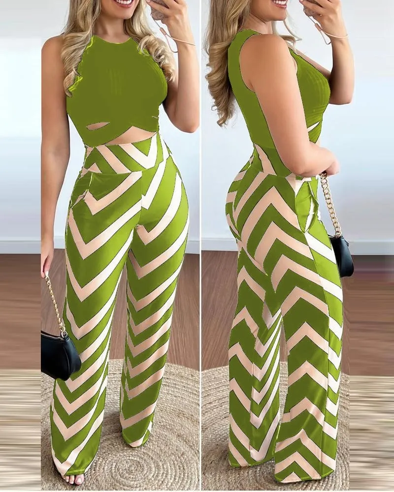Solid Color Sleeveless Top Vest Striped Tights Two-piece Set - Emerald Green