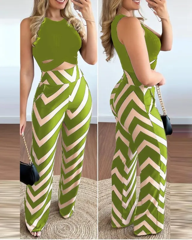 Solid Color Sleeveless Top Vest Striped Tights Two piece Set Emerald Green - Shop at LoveMi
