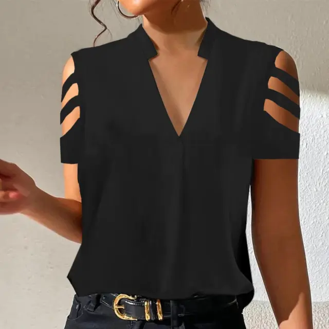 Hollow Sleeve Short Sleeve Spring And Summer Solid Color Casual Women's Top Black - Shop at LoveMi