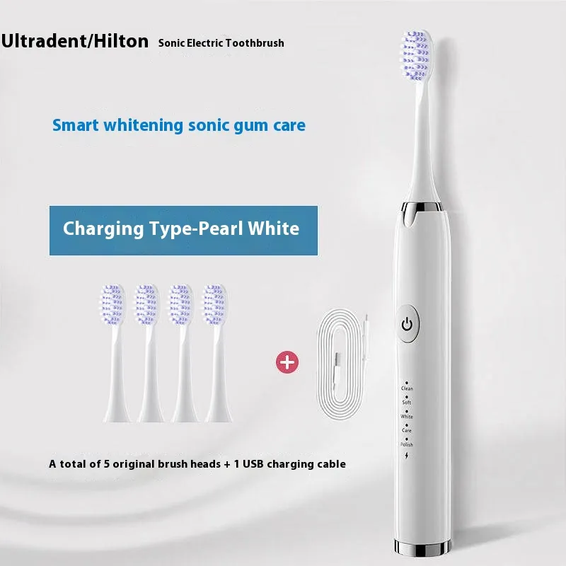 Household Rechargeable Soft Bristle Waterproof Electric Toothbrush - White Charging 5 Gear 5 Head