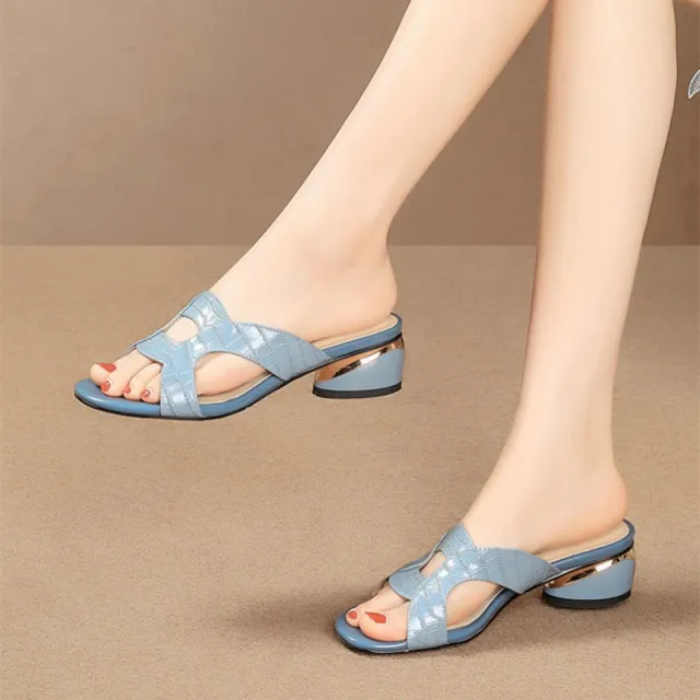 Square Toe Chunky Heel Mid Heel One line Back Empty Sandals Blue - Shop at LoveMi