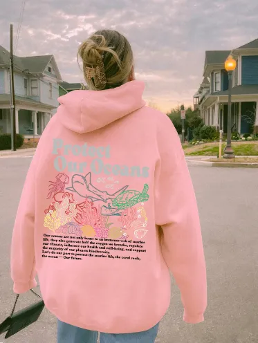 Sweater Women's Loose Protect Our Oceans Hoodie Pink - Shop at LoveMi