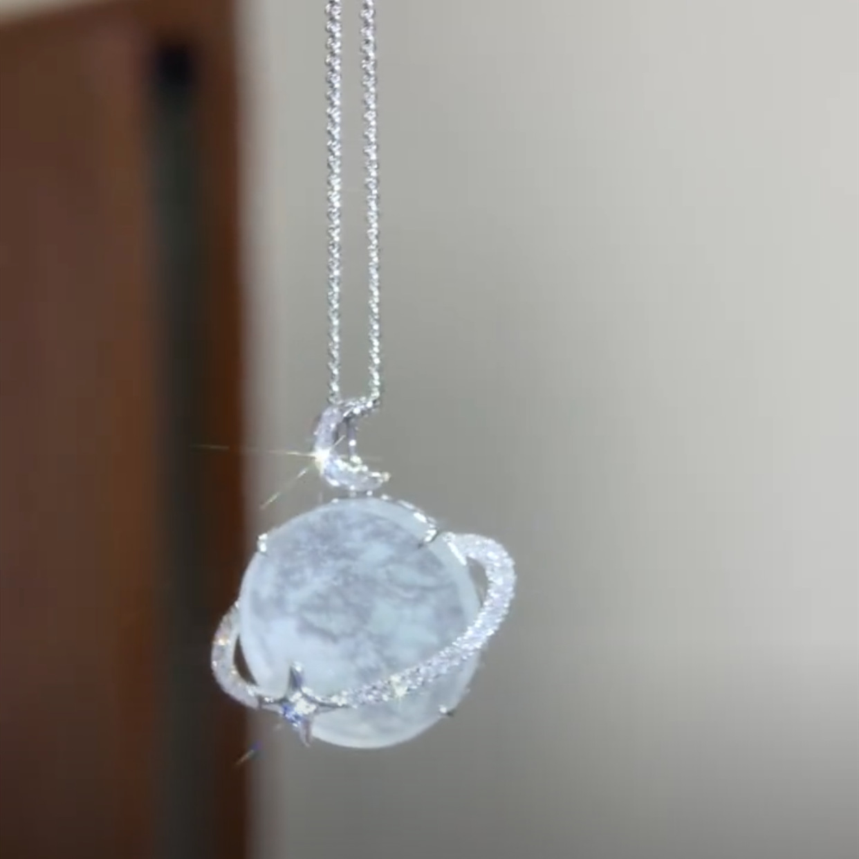 S925 Sterling Silver Dream Planet Diamond Moon Pendant Necklace
