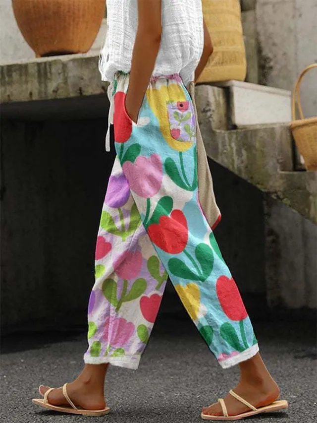 Women's Cotton And Linen Printing Paste Bags Casual Pants 5 Style - Shop at LoveMi