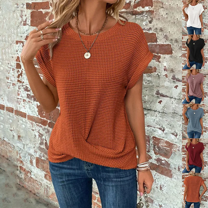 Short-sleeved Waffle T-shirt Summer New Solid Color Crew Neck