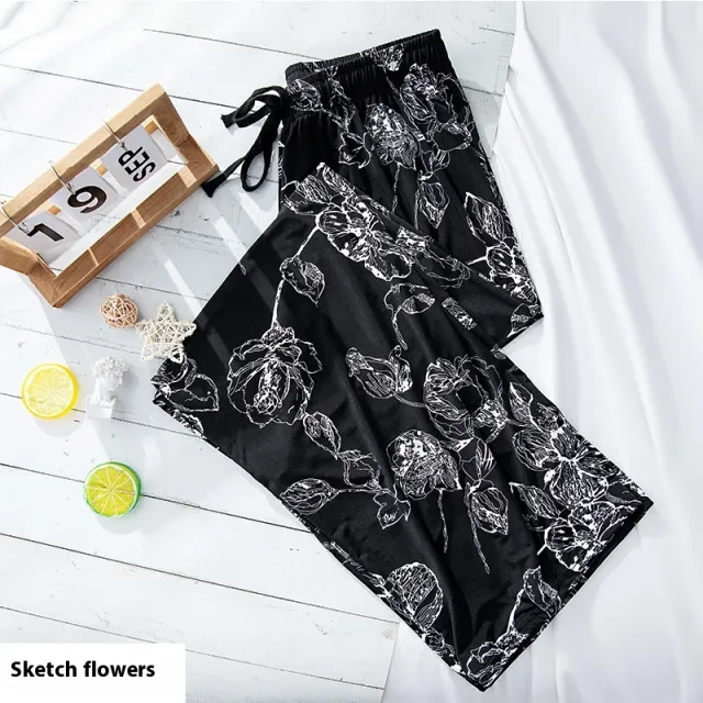 Women's Fashionable Loose Vertical Stripes Slimming Casual Wide leg Pants Sketch Flowers - Shop at LoveMi