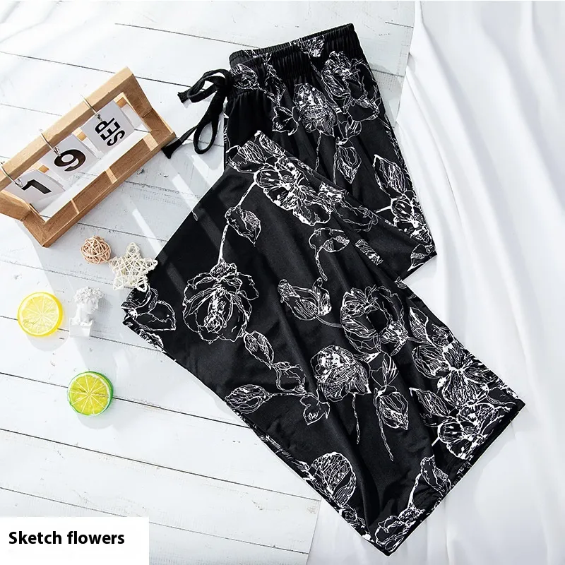 Women's Fashionable Loose Vertical Stripes Slimming Casual Wide-leg Pants - Sketch Flowers