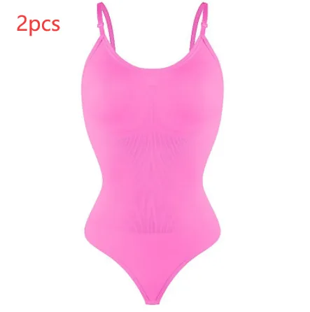 Women's Suspender Jumpsuit Fashion Casual Seamless Slim Body shaping Corsets Bodysuit Set Pink T Back 2Pcs - Shop at LoveMi