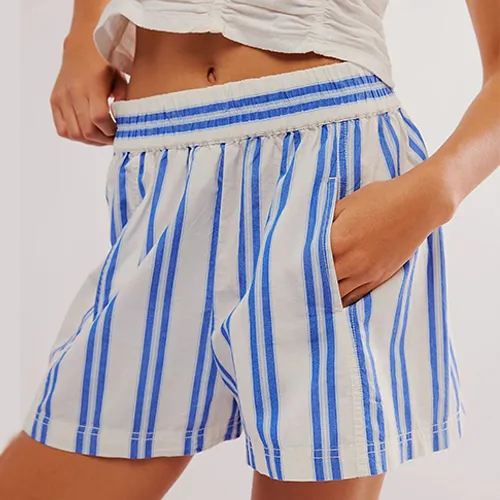 Y2K Stripe Print Shorts Summer Fashion Elastic Beach Pants With Pockets Womens Clothing Blue - Shop at LoveMi