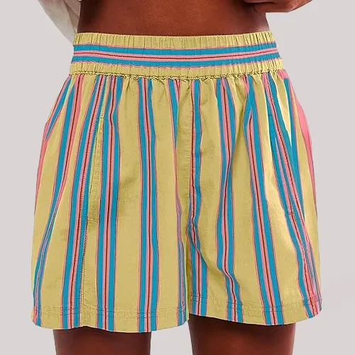 Y2K Stripe Print Shorts Summer Fashion Elastic Beach Pants With Pockets Womens Clothing Yellow - Shop at LoveMi