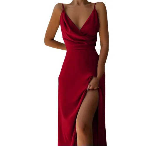 V neck Slit Sling Dress Summer Fashion Sexy Slim Suspender Dresses For Women Clothing 9Color S - Shop at LoveMi