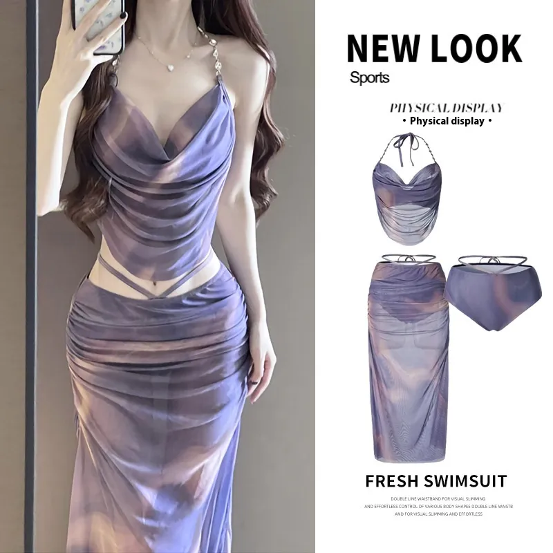 Seaside Vacation Dress Small Chest Push Up Hot Spring Swimsuit With Steel Bracket - Purple