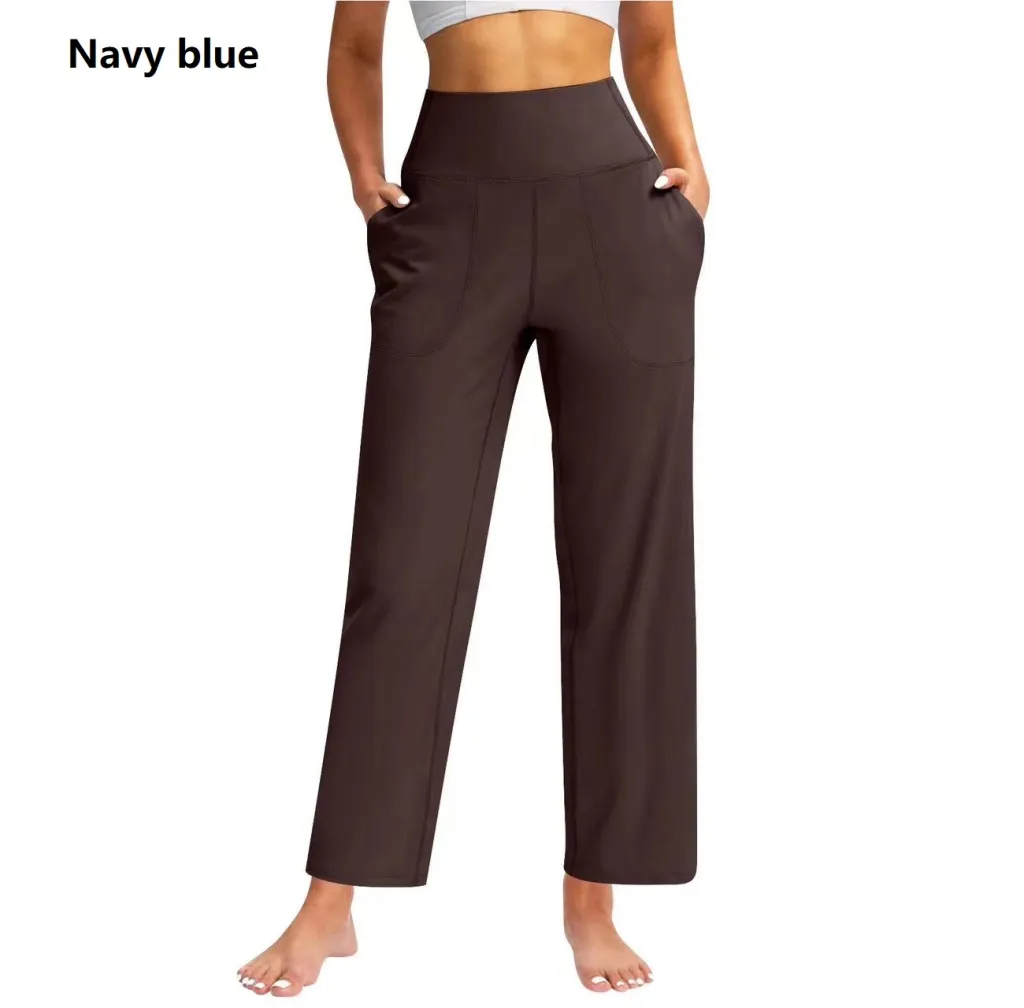 Women's High Waist Pure Color Draping Effect Straight Casual Trousers - Navy
