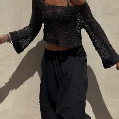 Women's Stitching Hollow-out Women's Knitwear Loose Round Neck Dress Suit - Black - View 1