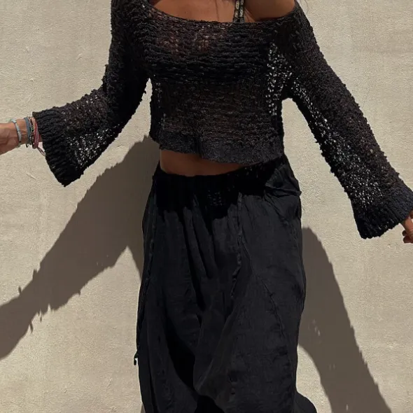 Women's Stitching Hollow out Women's Knitwear Loose Round Neck Dress Suit Black - Shop at LoveMi