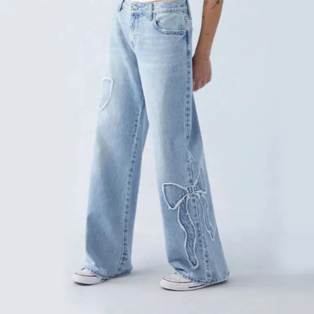 Women's Straight Trousers Embroidered Side Frayed Butterfly Jeans Street Design Baggy Pants Light Blue - Shop at LoveMi