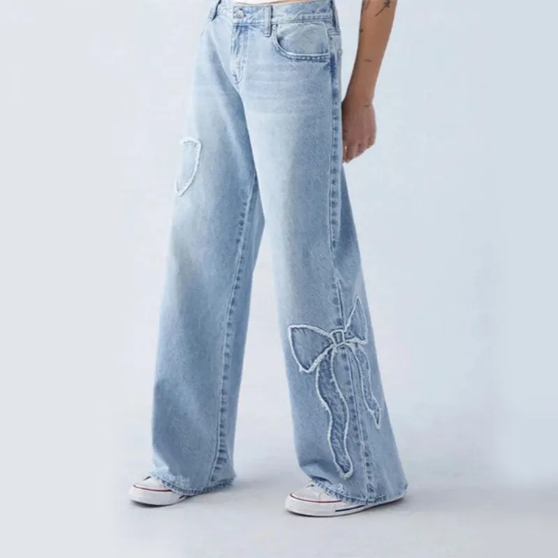 Women's Straight Trousers Embroidered Side Frayed Butterfly Jeans Street Design Baggy Pants - Light Blue