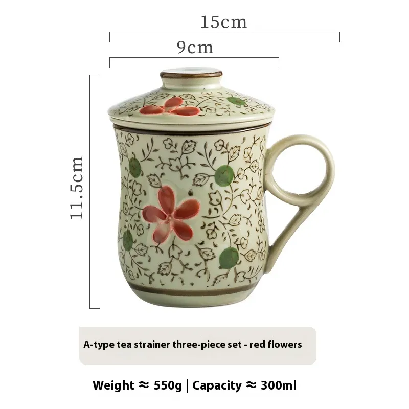 Handmade Ceramic Mug With Liner Tea Separation Cup - Type A Red Flowers