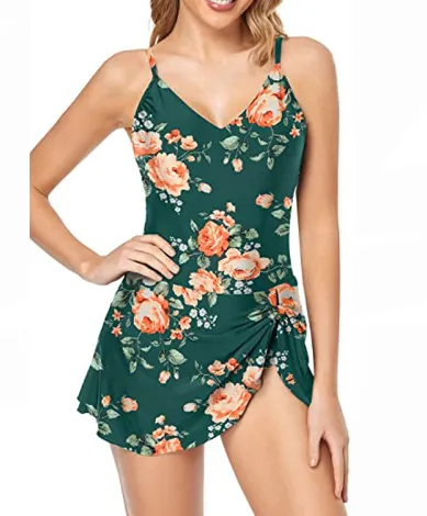 European And American Fashion Pure Color Slimming Flab Hiding Push Up Dress Women's Swimsuit Blue Flower A - Shop at LoveMi